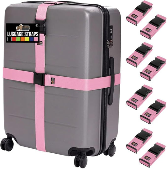 GORILLA GRIP Heavy Duty 8 Pack Adjustable Luggage Straps for Suitcases, Easy to Identify Travel Belt Connector Holds Suitcase Together, Extends Life of Bag, Strap Connects Two Bags, Accessories Pink