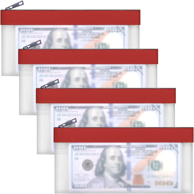 4 Pieces Money Bags With Zipper, Cash Envelopes, 7.6 x 3.7 Inch Money Pouch, Clear Bank Deposit Bag, Coin Bag for Collectors, Multi-Purpose Check Wallet (Red)