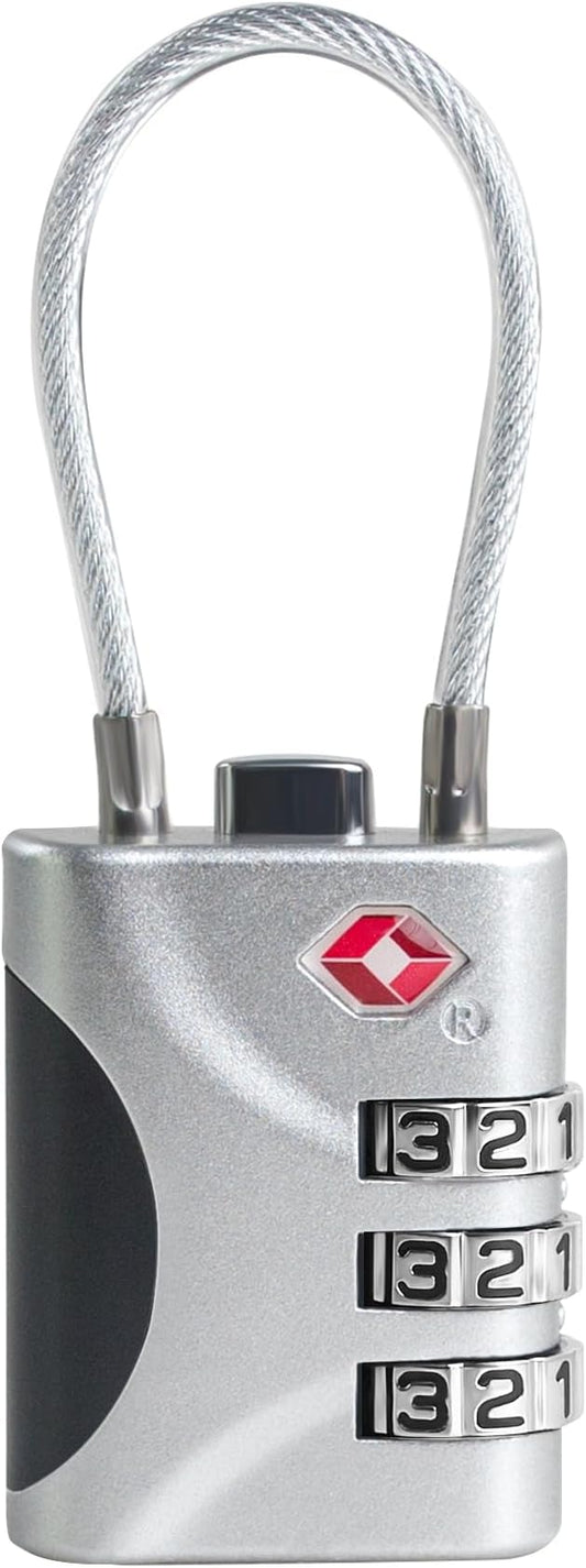 Travel Luggage Locks TSA Approved, Small Combination Padlock with Cable, Combo TSA Lock for Suitcase, Locker & Gym, Cabinet, Bag Zipper, Lock with Code for Travel Accessories (Silver)