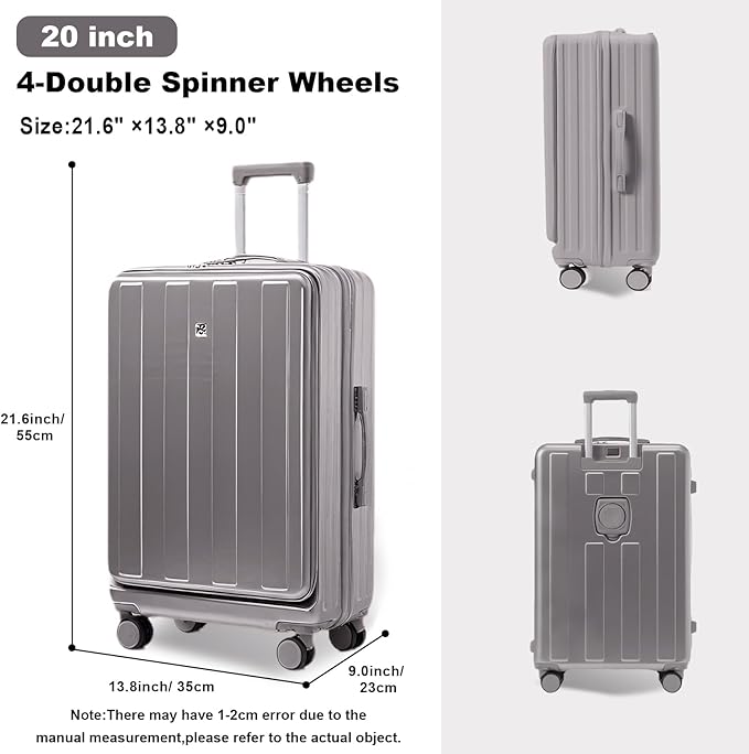 Gets Carry on Luggage Airline Approved,20 Inch Abs+Pc Hardshell Spinner Luggage With Cup Phone Holder and USB Charger,Front Pocket Durable Suitcase for Women Men-Grey