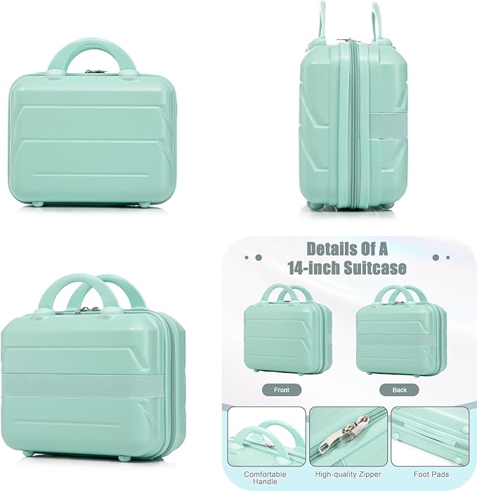 2-Piece ABS Hard Shell Lightweight Carry-On Luggage Set (14" & 20"), 360-Degree Spinner Wheels, Adjustable Telescopic Handle and Combination Lock for Travel, Mint Green