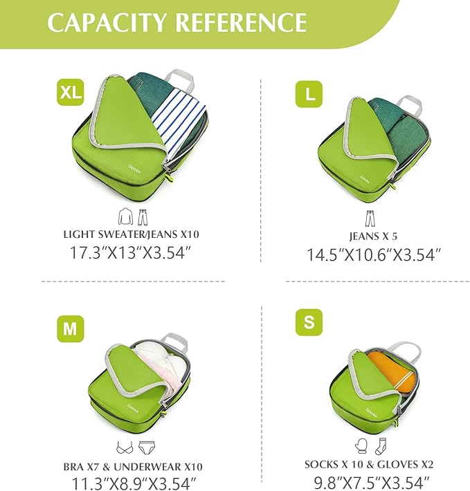 Gonex Compression Packing Cubes, 4pcs Expandable Storage Travel Luggage Bags Organizers (Green)