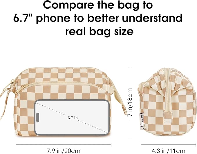 Narwey Large Checkered Makeup Bag Women Wide-open Make up Bag Travel Cosmetic Bag Organizer Toiletry Bag for Cosmetics Toiletries Accessories (Light Checkerboard)