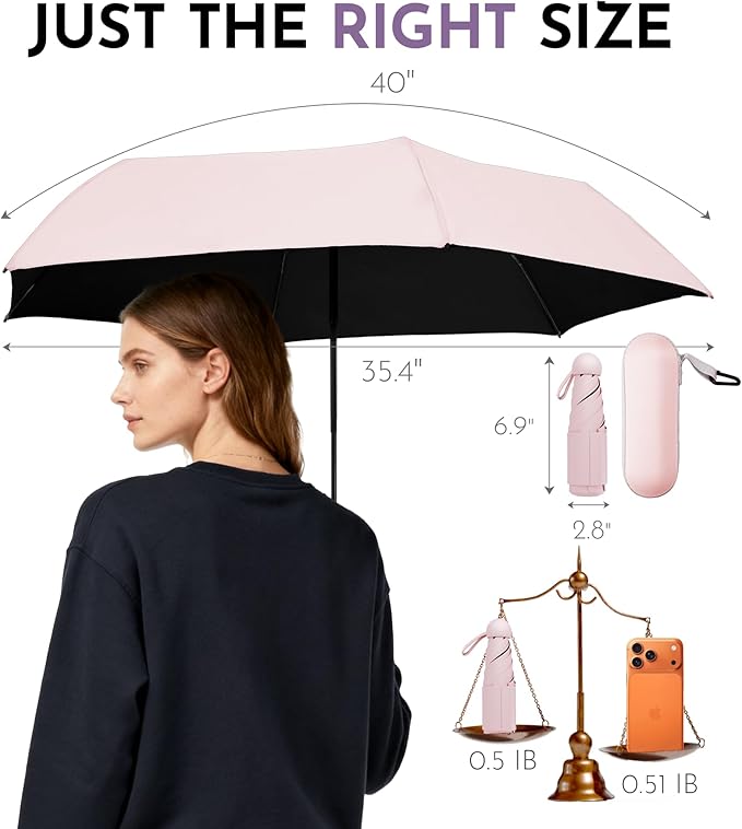 Travel Mini Umbrella Compact Small & Lightweight, UV Rain Protection, Pocket-Sized Folding Umbrellas with Quickdraw & Case for Men Women & Kids Backpack