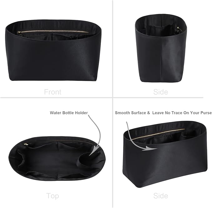 ZTUJO Purse Organizer Insert For Handbags, Silk Purse Organizer with Zipper, Silky Smooth, Bag Organizer For Speedy Neverfull Tote,onthego,Artsy, 6 Sizes(Small, Silky Black)