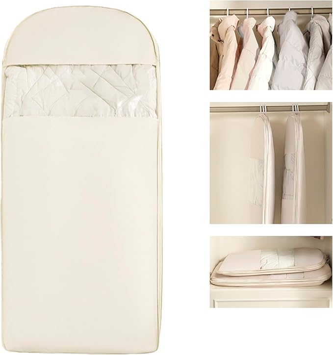 Space Saving Hanging Garment Bag with Self Compression Zipper - Organizer for Closet(Beige,L)