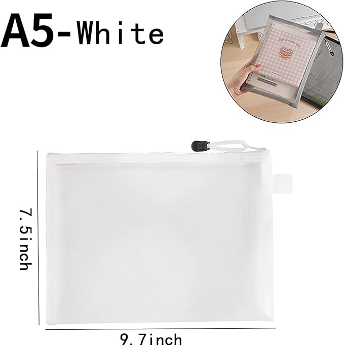 OZY 10 Pieces Nylon Zipper Mesh Pouch,Cosmetic Bags,Zipper Bags for Organizing Storage,Puzzle, Board Games,Multipurpose Travel Bags and Office Supplies (A5 White)