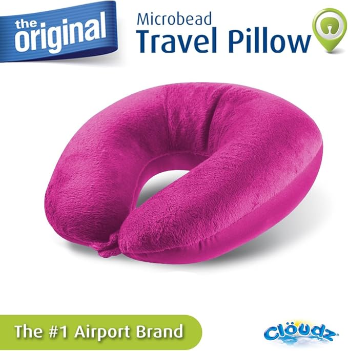 Cloudz Dual Comfort Microbead Airplane Travel Neck Pillow. Soft Cozy Plush Fabric on One Side, Cool Relaxing Spandex on The Other! Customize Your Comfort and Support at Home or On The Go! Bright Pink