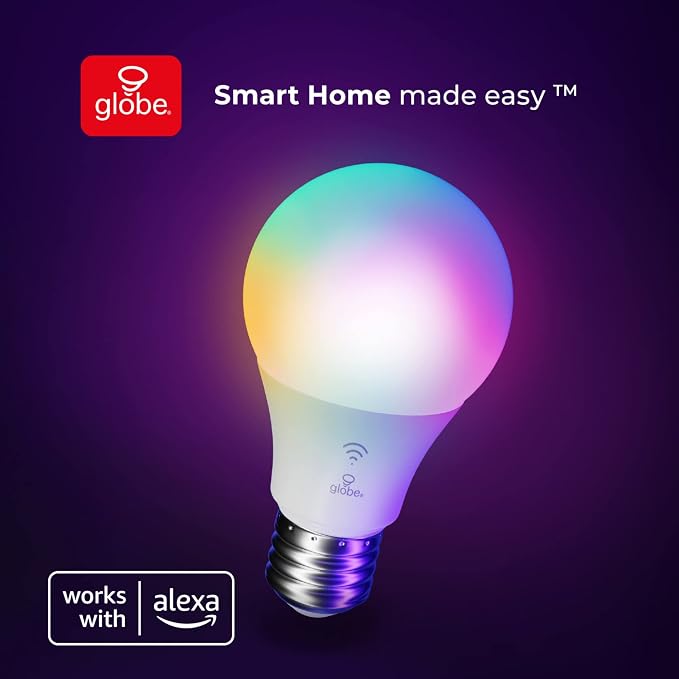 Globe Electric 50589 Color-Changing A19 LED Smart Light Bulb, 2.4 GHz Wi-Fi, 60W Equivalent 800LM, Works with Alexa Only, 1-Pack