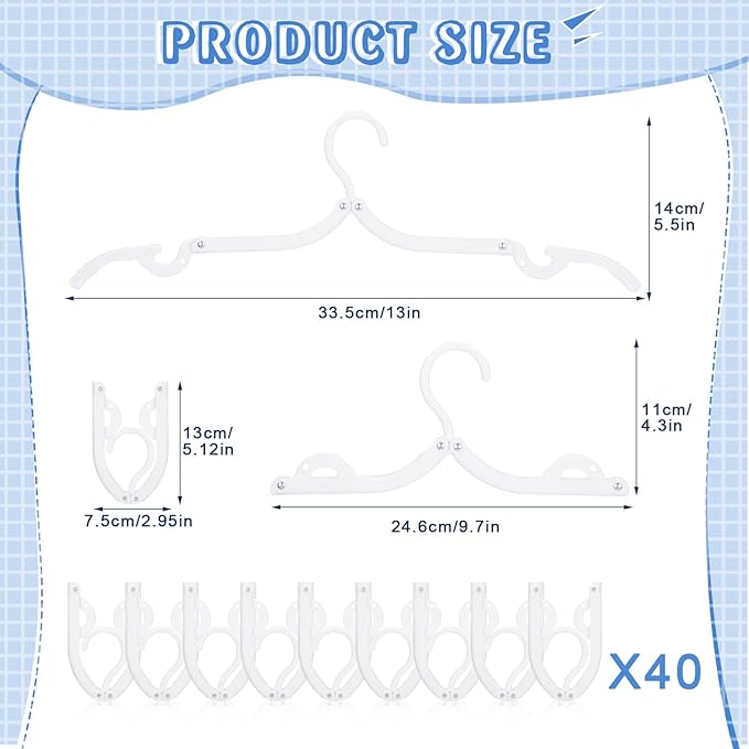 Sieral 40 Pcs Foldable Travel Hangers Plastic Portable Folding Clothes Hangers Cruise Ship Essentials for Travel Cruises Suitcase Dormitory School Hotel Women Laundry Coat Bag Drying (White)