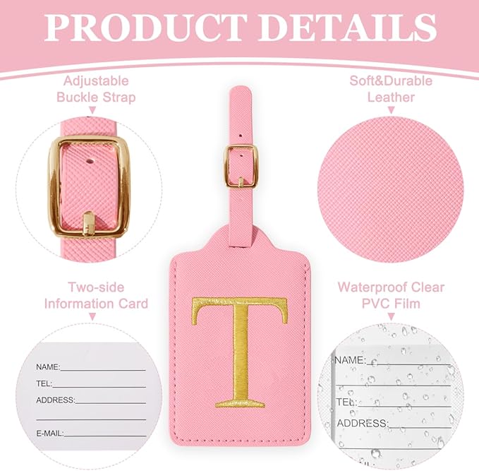 Personalized Initial Luggage Tags for Suitcases,Leather Letter Cute Luggage Tags with Privacy Name Card,Embroidered Monogrammed Travel Bag Backpack Tag Gifts for Women Kids Girls Teens(Pink-T)