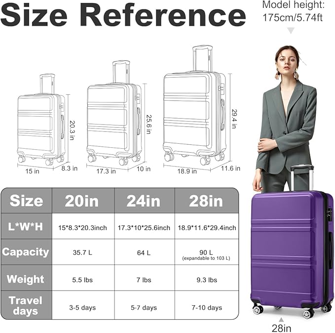 Kono 28 Inch Luggage Expandable Suitcase with Spinner Wheels TSA Lock Lightweight PC+ABS Hardside Large Checked Luggage Durable Rolling Suitcase Purple