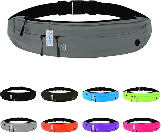 WATERFLY Running Belt Fanny Pack: Runner Marathon Jogging Waist Pack Sport Workout Exercise Fitness Phone Holder Belt for Men Women Jogger Slim Waistband