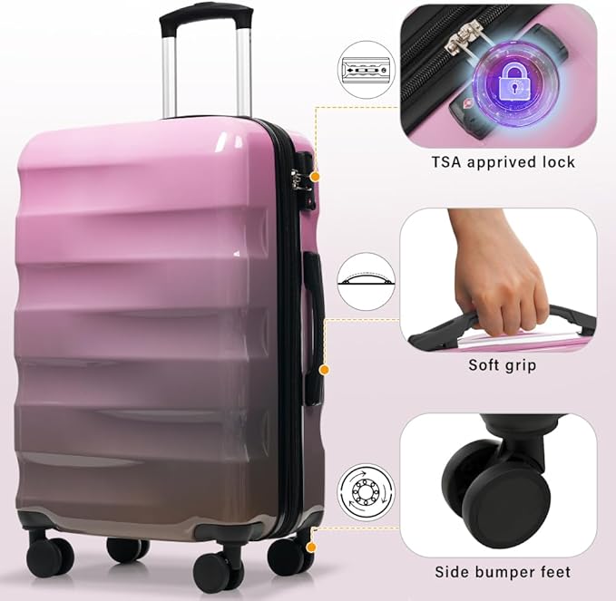 Lispin Luggage Set Softshell Expandable 4 Piece Suitcase with Wheels Softside Lightweight Travel Carry on Luggage (Pink and Gray 20"/24"/28")