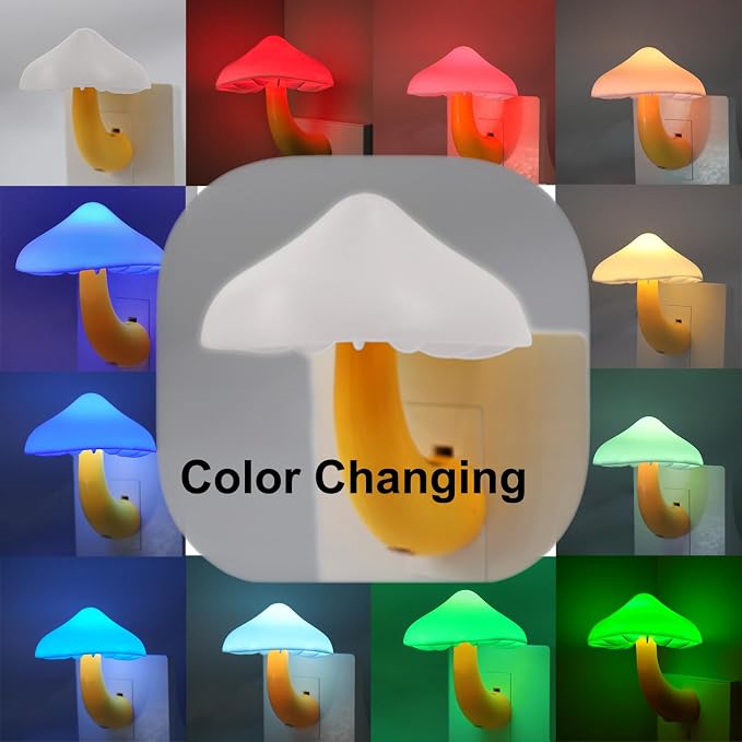 LED Mushroom Night Light Plug in Lamp,2 Pack Color Changing Light Sensor Night Lights Plug into Wall, Decor Night Light for Kids Adults Room Bedroom Bathroom Hallway Kitchen