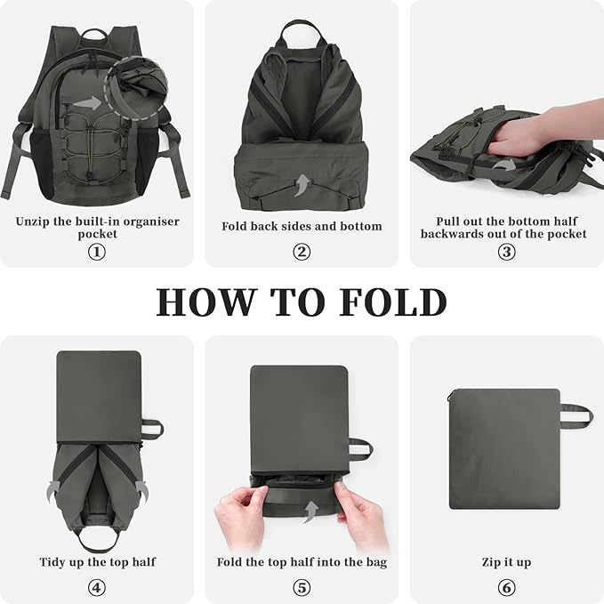 ZOMFELT Hiking Backpack for Women Men, 15L Lightweight Packable Backpacks for Trip, Water Resistant Small Travel Backpack, Foldable daypack for Hiking, Walking, Cycling, Camping, Grey & Black