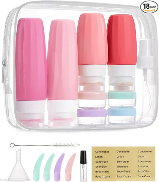 BAGSMART 18 Pack TSA Approved Travel Bottles for Toiletries, Leak Proof Silicone Travel Size Containers Bottles for Shampoo, Rose Pink
