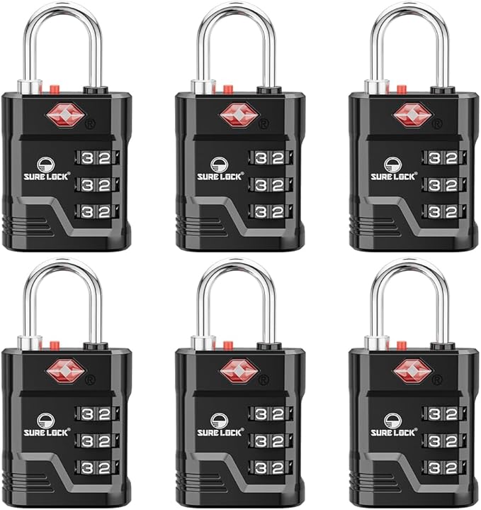SURE LOCK TSA Approved Luggage Lock – 3-Digit Resettable Combination Padlock with Open Alert Red Dot, Large Easy-Read Dials for Suitcases, Backpacks, Gym & School Lockers(Black 6 pk)