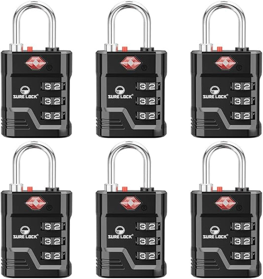 SURE LOCK TSA Approved Luggage Lock – 3-Digit Resettable Combination Padlock with Open Alert Red Dot, Large Easy-Read Dials for Suitcases, Backpacks, Gym & School Lockers(Black 6 pk)