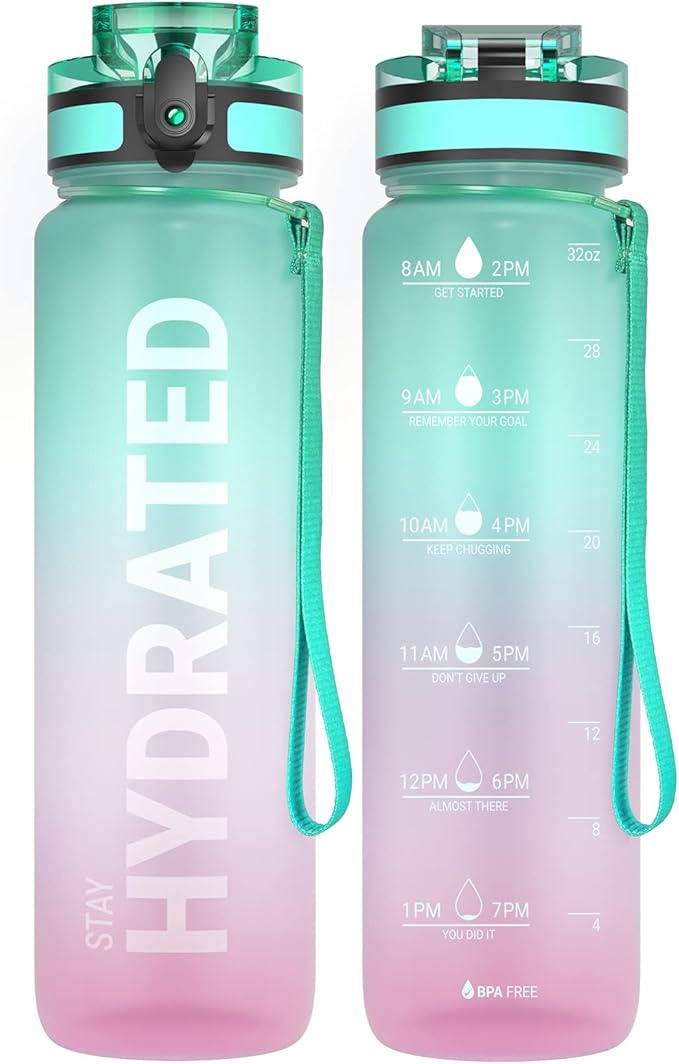 Sahara Sailor Water Bottle, 32/25/17oz Durable and Leakproof Water Bottles Motivational with Time Marker, Tritan, BPA Free, Wide Mouth with Easy Clean Brush for Gym, Travel, School, Office (1 Bottle)
