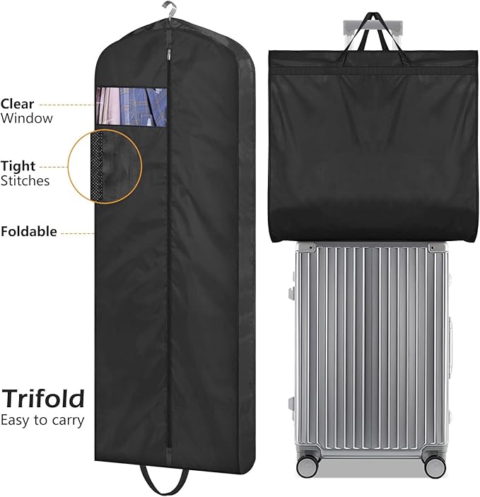 MISSLO 65" Gusseted Hanging Garment Bags for Travel Long Dress Cover Water Resistant Sturdy Fabric Dress Bags for Gowns Long Closet Clothes Protectors, Black