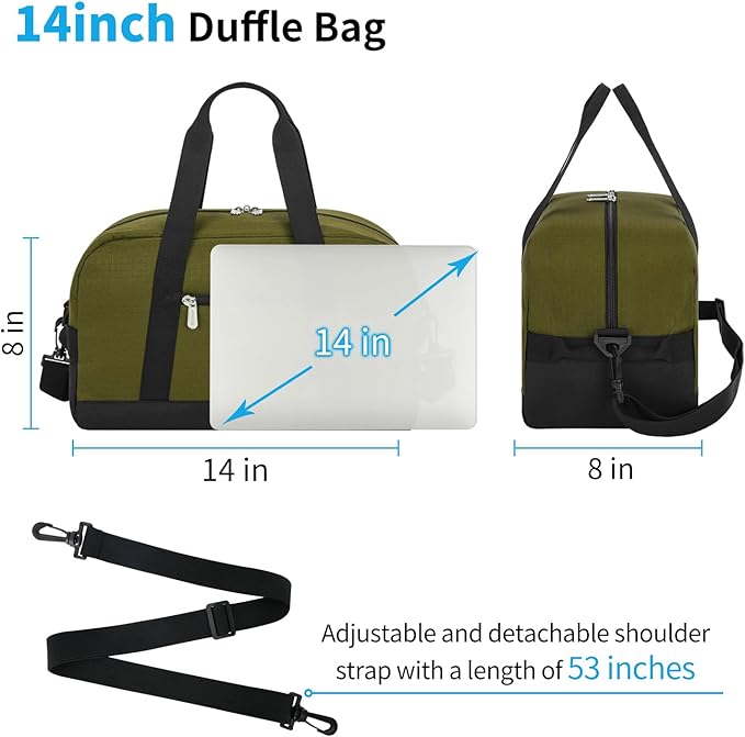 Small Gym Bag 14 inch lightweight Carry On Mini Duffel Bag for Travel Sport - Olive Green