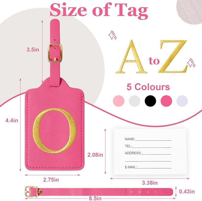 Personalized Initial Luggage Tags for Suitcases,Leather Letter Cute Luggage Tags with Privacy Name Card,Embroidered Monogrammed Travel Bag Backpack Tag Gifts for Women Kids Girls Teens(Rosered-O)