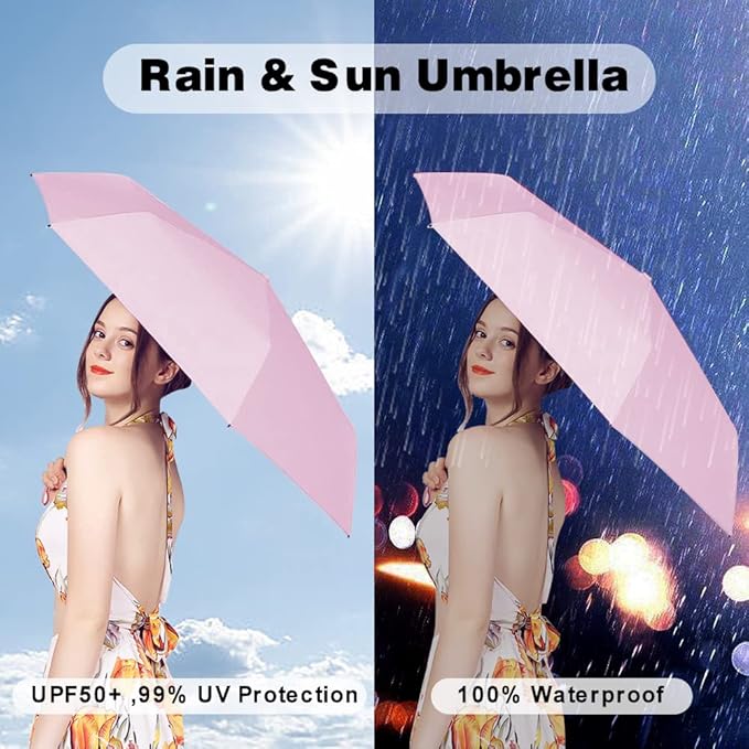 ESUFEIR Mini Sun Umbrella for Purse With Case, Small Compact UV Umbrella Travel Essentials, Lightweight Portable Parasol Windproof for Women Men Kids (Pink)