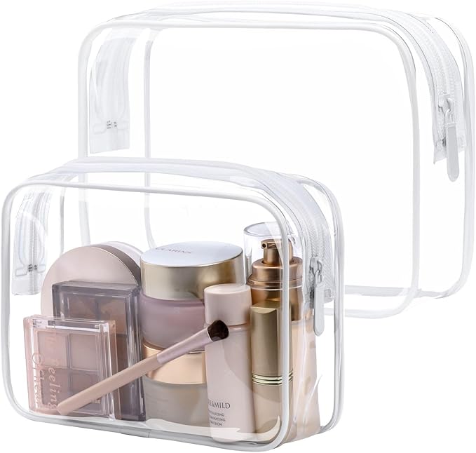 PACKISM TSA Approved Toiletry Bag 2 Pack - 1 Medium TSA Quart Carry-On & 1 Large for Checked Luggage, Water-resistant Clear Makeup Bag Clear Travel Bags for Toiletries, White