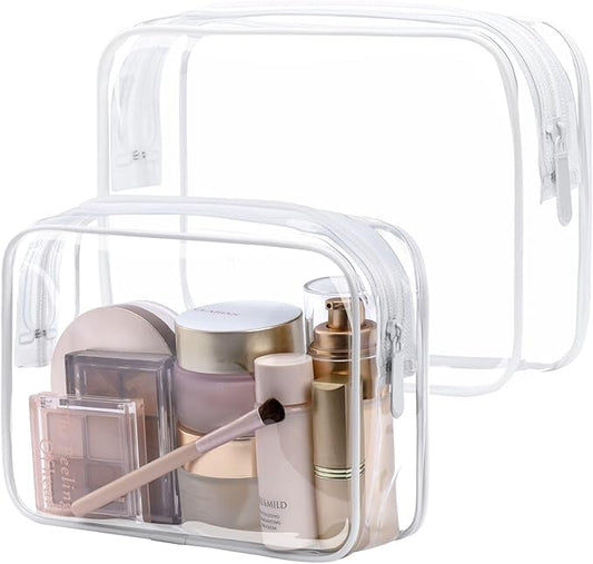 PACKISM TSA Approved Toiletry Bag 2 Pack - 1 Medium TSA Quart Carry-On & 1 Large for Checked Luggage, Water-resistant Clear Makeup Bag Clear Travel Bags for Toiletries, White