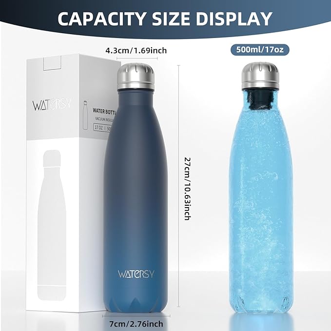 WATERSY Stainless Steel water bottles,17oz/500ml Insulated Water Bottles,Blue Green metal water bottle Keeps Drink Cold and Hot,BPA Free kids water bottles for School,Gym,Travel,Sports