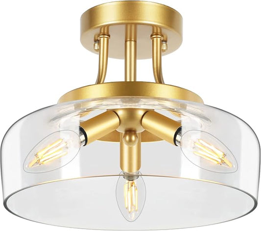 3-Light Gold Semi Flush Mount Light Fixture, Modern Ceiling Light with Drum Glass Shade, Golden Ceiling Lamp for Living Room Kitchen Bedroom Hallway Bathroom Laundry, E12 Socket, No Bulbs