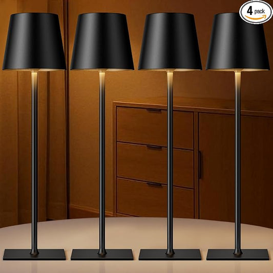 Kakanuo Black Cordless Rechargeable Table Lamp, 4 Pack Portable Desk Lamp with 5000mAh Battery, Touch Control Stepless Dimming, Wireless Night Light for Dining, Outdoor Camping, Coffee Shop