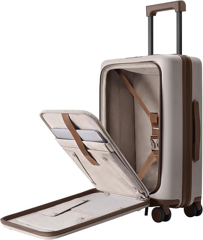 NINETYGO Carry On Luggage 22x14x9 Airline Approved, Top Opening 20 Inch Suitcase with Front Compartment, Expandable, Coffee-Infused PC Shell, Eco-Friendly, Cup Holder, TSA, Spinner Wheels (Flat White)