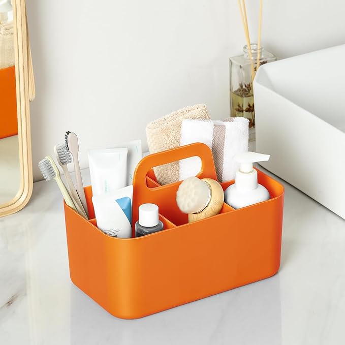Multiuse Caddy Organizer with Handle, Portable Divided Plastic Tote Bin - Art Craft, Stationary Pen Marker Crayon, Makeup Hair Supplies Storage - Bathroom, Classroom, Dorm, Office, Desk Holder -Orange