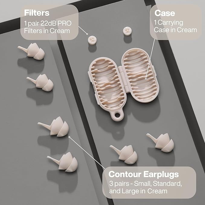 EARPEACE Everyday Noise Control & Noise Reduction Ear Plugs - High-Fidelity Earplugs, Comfortable & Reusable Earplugs for Travel, Sleep, Work, Snoring Blocking, Includes Carrying Case - Cream