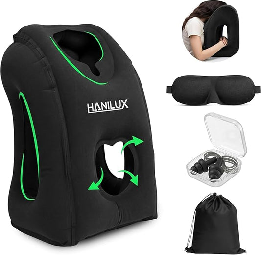 Inflatable Travel Pillows for Airplanes, Blow Up Travel Pillow for Train Office Car with Chin and Neck Support, Inflatable Travel Pillow for Sleep Support with Eye Mask,Storage Bag & Earplugs (Black)