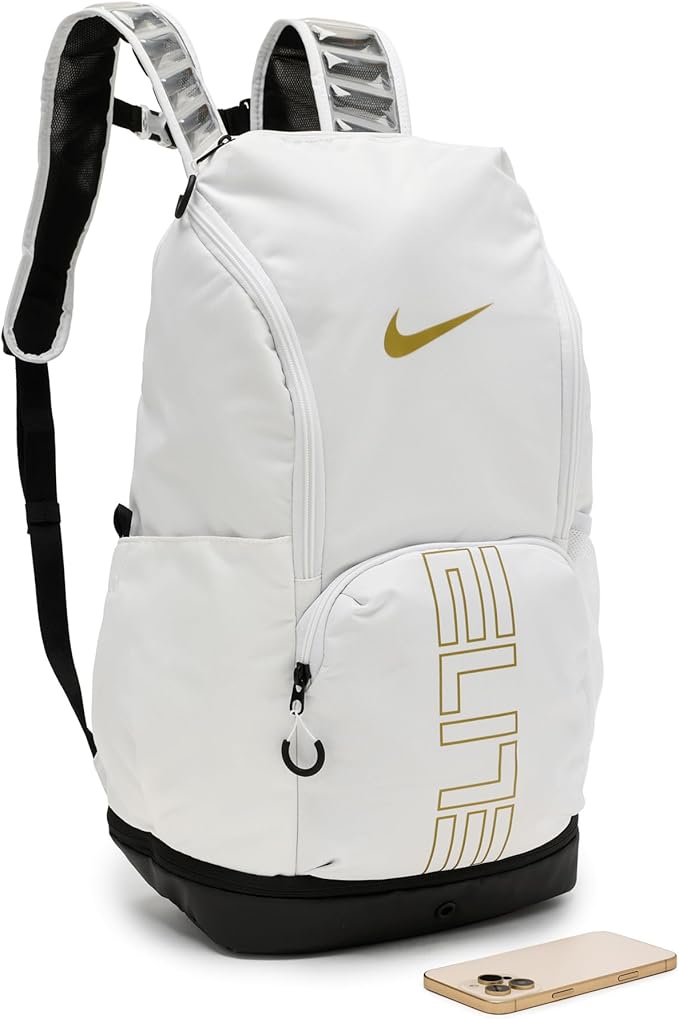 Nike, Unisex, Varsity Elite Backpack (32L), White/Black/Metallic Gold, One Size