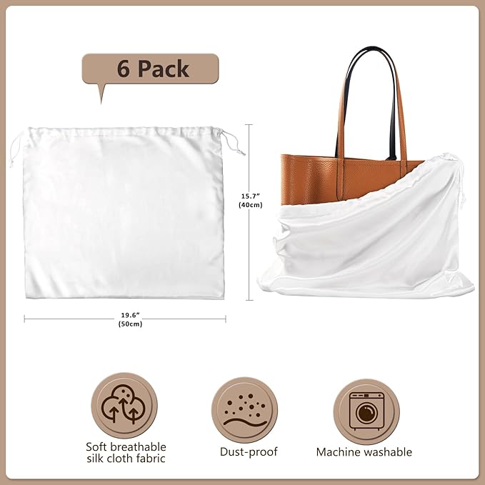 6 Pack 19.6x15.7in Purse Dust Bags for Storage, Dust Bags for Handbags Silk Cloth Bag With Drawstring for Storage Handbag, Purse, Shoes, Boots(White)