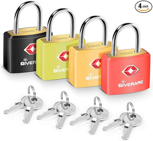4 Pack TSA Approved Travel Luggage Locks with Keys, Solid Brass Copper Keyed Padlock, ABS Plastic Covered Small Locks for Suitcase, Backpack, Gym Locker, Jewelry Box-by GIVERARE