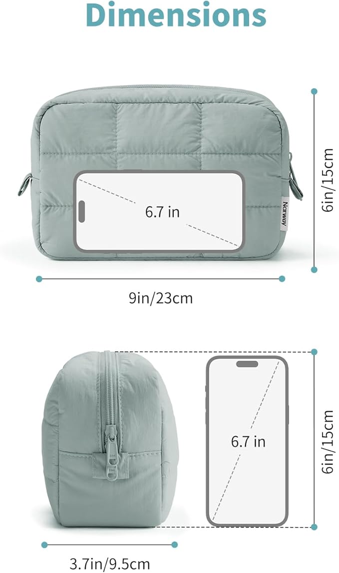 Narwey Puffer Travel Makeup Bag for Women Girl, Quilted Puffy Cosmetic Bag Make Up Bag Organizer, Cute Travel Toiletry Bag for Toiletries (Sage Green)