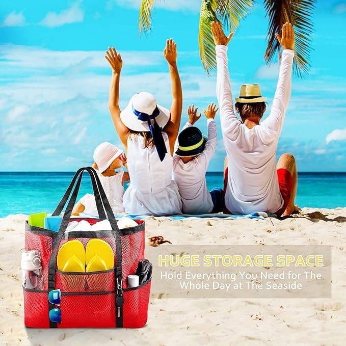 SRISE Mesh Beach Bag - Large Beach Tote Bag for Family Beach Bag for Toys & Vacation Essentials