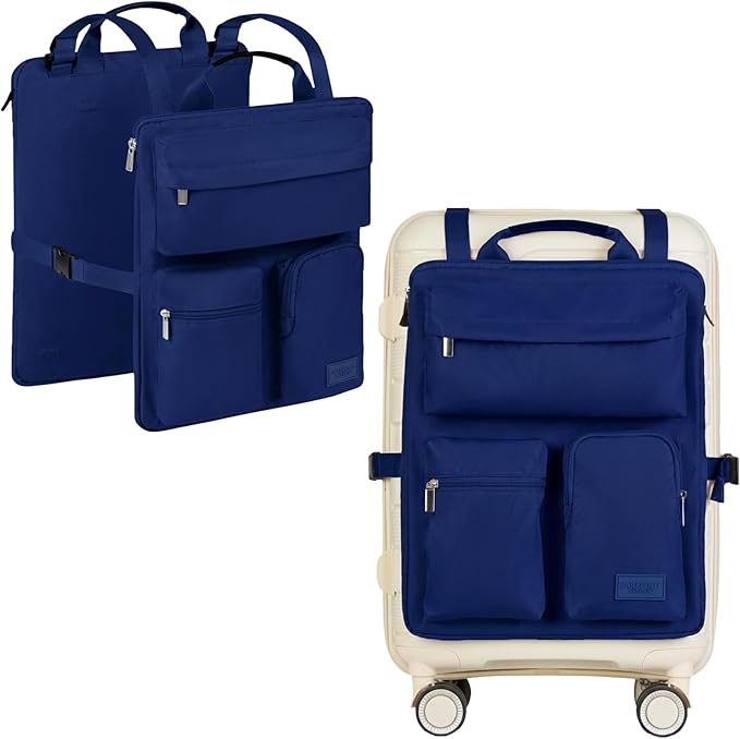 BAREFOOT CARIBOU Over Luggage Organizer for Carry On Bag or Suitcase with Storage Pockets, 16” Laptop Sleeve with Handle, Travel Accessories Bag Slide On Luggage Harness, Adjustable Straps (Navy Blue)