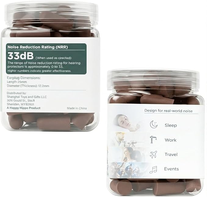 Happy Hippo Soft Foam Earplugs, 33 dB NRR, (50 Pair, 100 Ear Plugs), Maximum Protection for Sleeping, Power Tools, Loud Work Environments (Dark Brown)