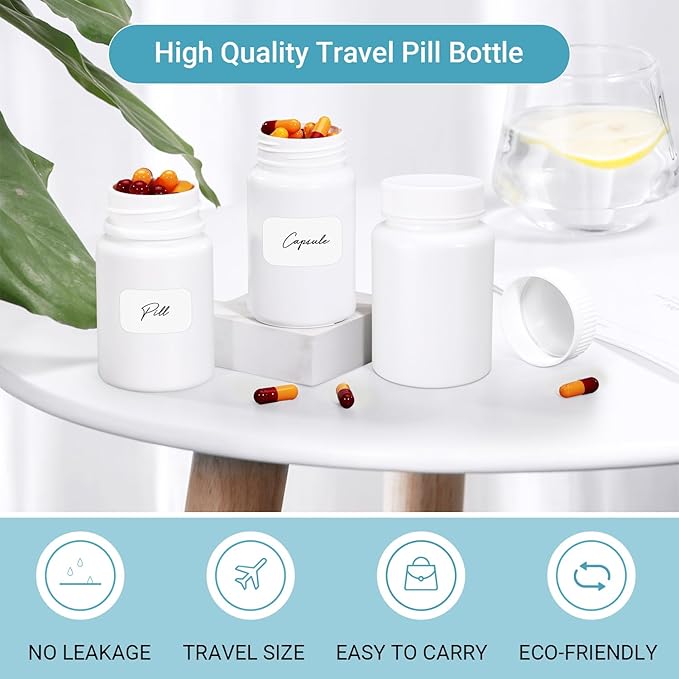 White Pill Bottle, Empty Medicine Bottles with Screw Caps for Pills Capsules Vitamins, Food Grade Plastic Medicine Containers with Labels for Travel (5oz/150ml, 4 Pcs)