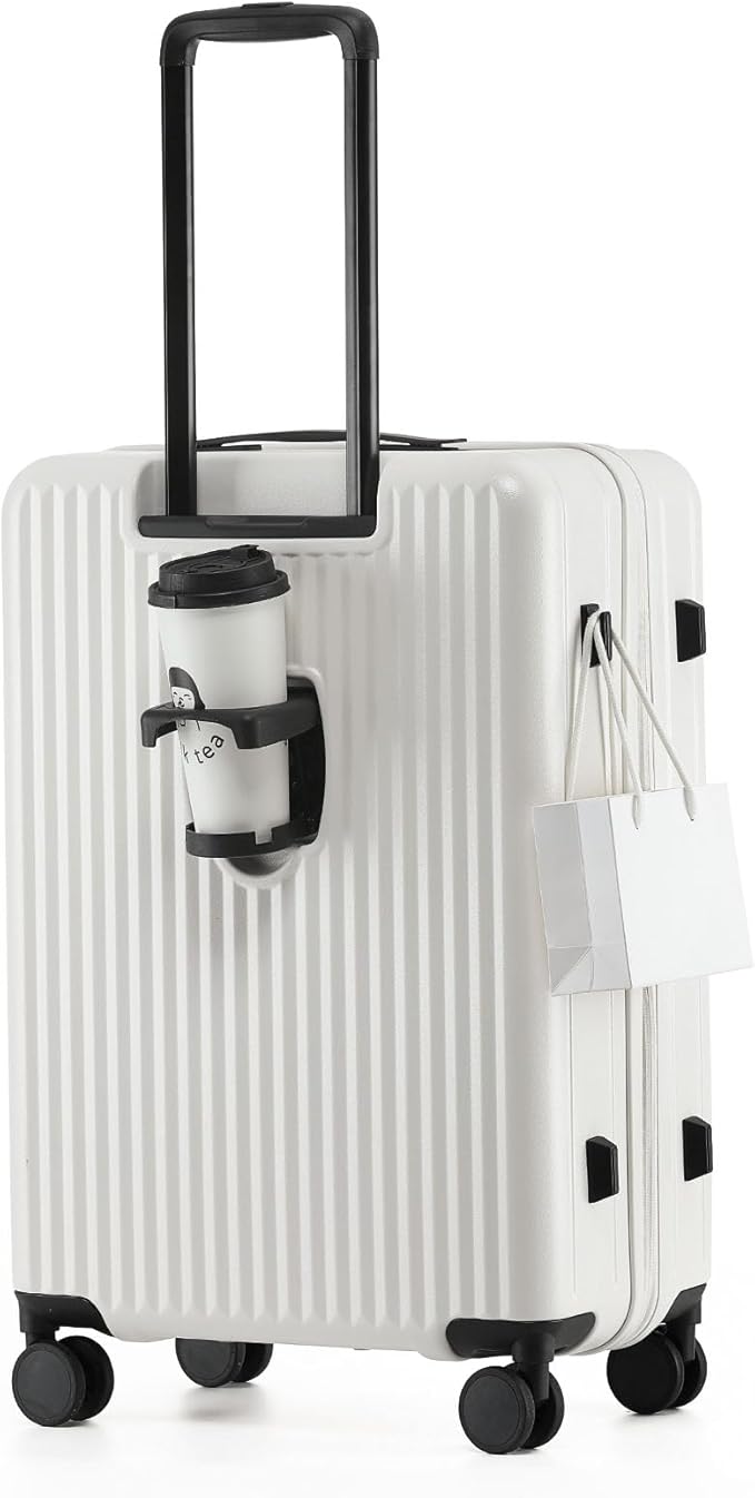 24 Inch Top Opening Expandable Checked Travel Luggage with Spinner Wheels,All PC Hard Shell Hardside Lightweight Medium Suitcase with TSA Approved Cup Holder for Business Trips Woman Men,White