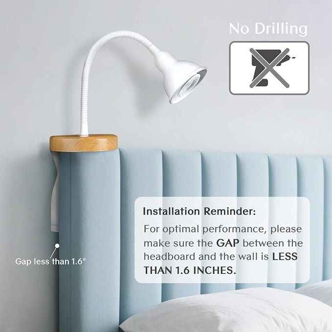 Patented Innovative Design Headboard Reading Light. No Drilling Golden Book Light for Bedtime Reading. Dimmable LED Book Reading Lamp with Bulb. Movable & Flexible, White