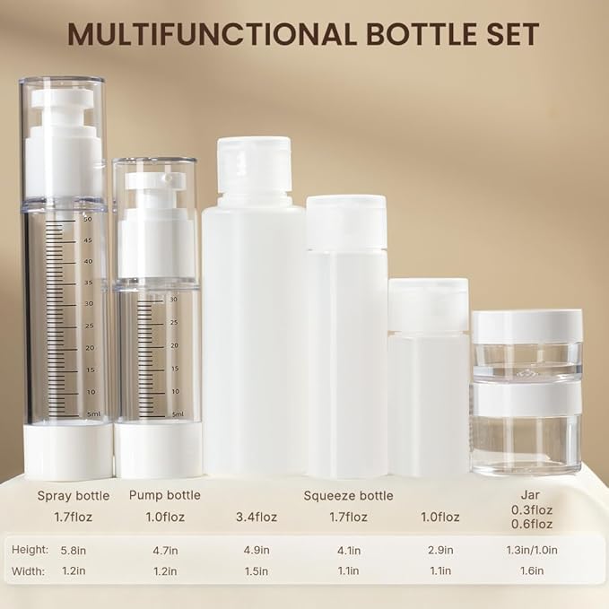 Travel Bottles Kits 7 Pcs , TSA Approved Leak Proof Toiletry Container Set, Graduated Vaccumn atomizer and Lotion Bottle, Squeeze Bottle, Transparent Cream Jar, for Shampoo Lotion Cream Cosmetic