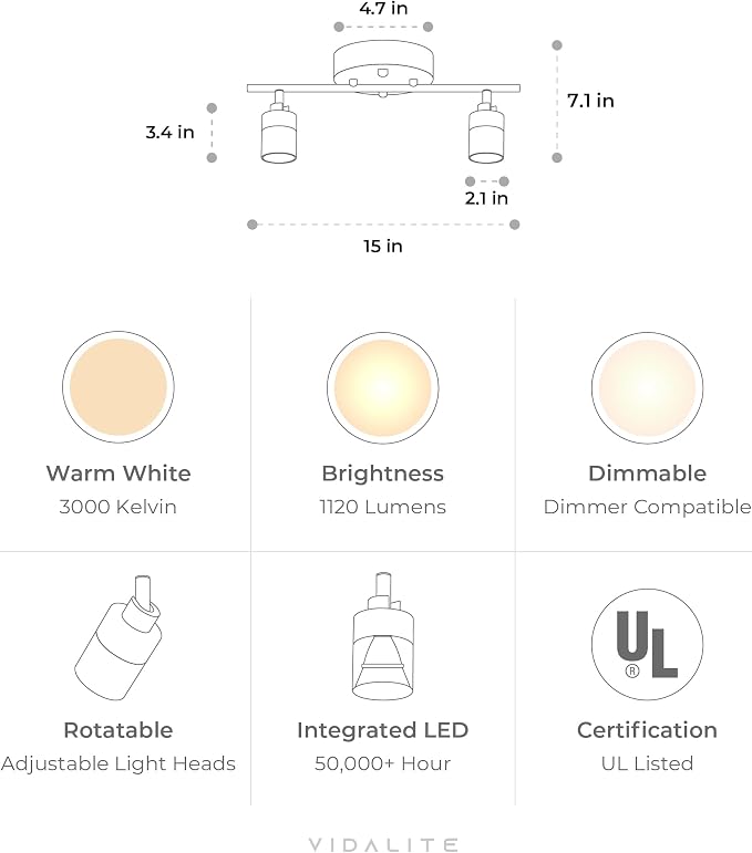 Shura Chrome 2-Light Track Light with Rotatable Heads, Integrated LED Bulbs, 15 in. Track Lighting Kit, 3000k, 1120 Lumens