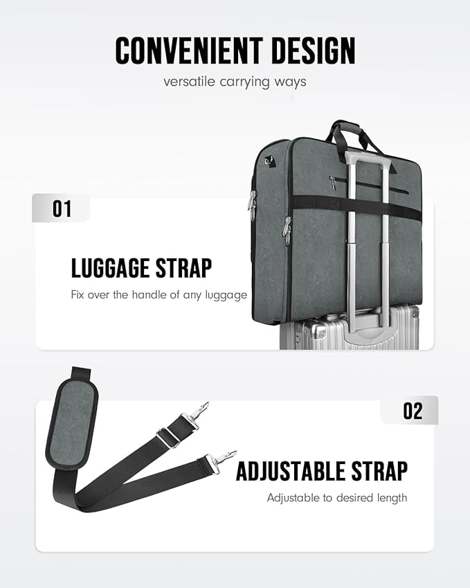 MATEIN Travel Garment Bag, Double Layer Folding Suit Bag with Adjustable Strap for Business Trips, Large Waterproof Wrinkle Free 2 in 1 Hanging Suitcase Cover Luggage for Shirts Dresses Coats, Grey